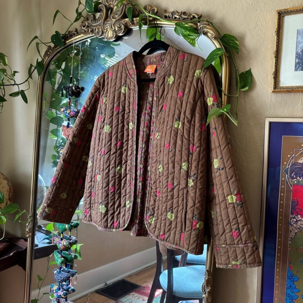Hearts of Palm Brown Quilted chore floral open jacket cottagecore garden